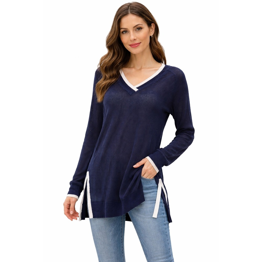 Smartwool Everyday Travel Tunic Sweater Size Large Open Knit‎ Navy Blue V Neck